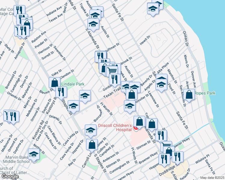 map of restaurants, bars, coffee shops, grocery stores, and more near 531 Gordon Street in Corpus Christi