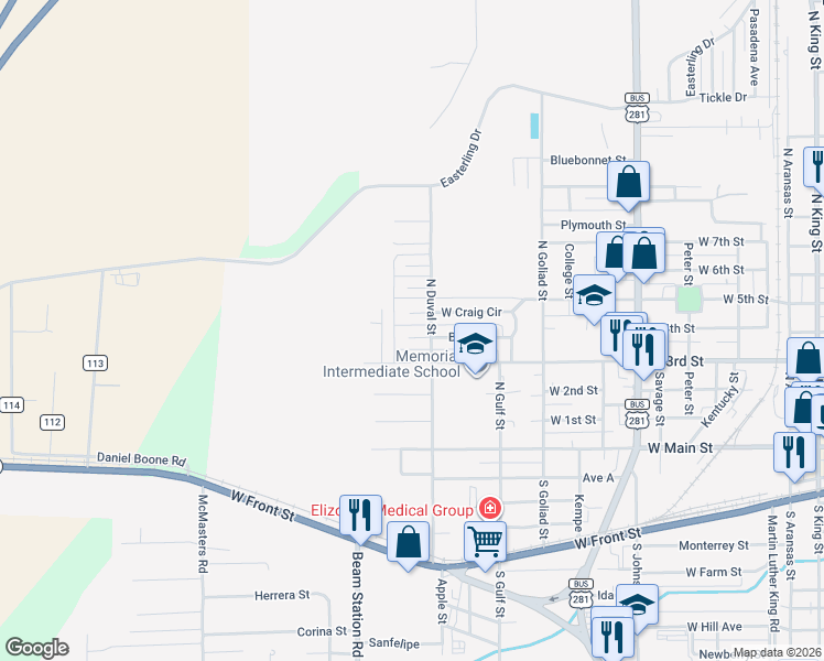 map of restaurants, bars, coffee shops, grocery stores, and more near 1203 West Craig Circle in Alice