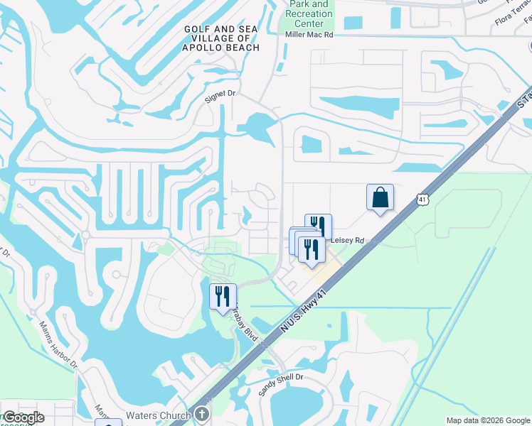 map of restaurants, bars, coffee shops, grocery stores, and more near 222 Breakers Lane in Apollo Beach