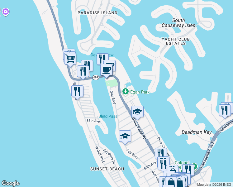 map of restaurants, bars, coffee shops, grocery stores, and more near 9178 Blind Pass Road in St. Pete Beach