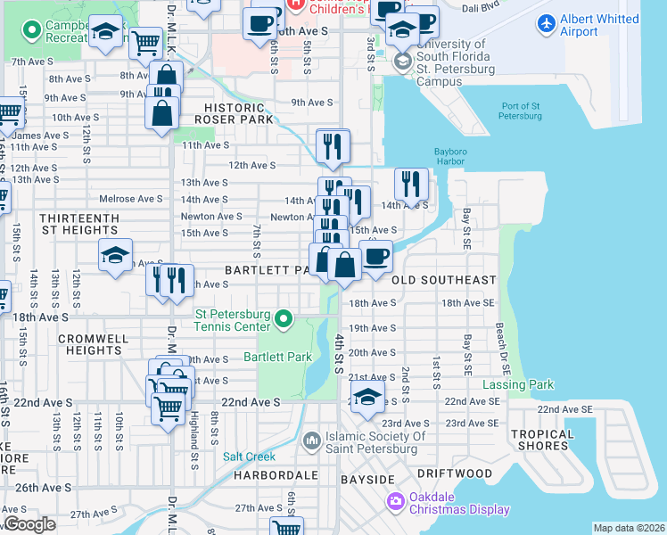 map of restaurants, bars, coffee shops, grocery stores, and more near 501 Paris Avenue South in St. Petersburg