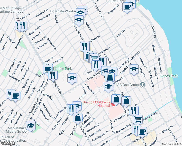 map of restaurants, bars, coffee shops, grocery stores, and more near 531 Gordon Street in Corpus Christi