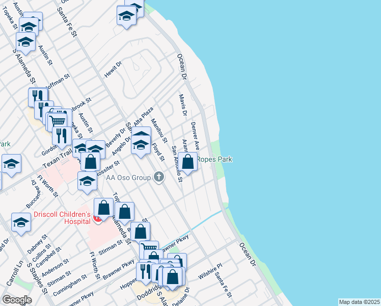 map of restaurants, bars, coffee shops, grocery stores, and more near 3448 Aransas Street in Corpus Christi