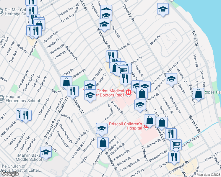 map of restaurants, bars, coffee shops, grocery stores, and more near 621 Glazebrook Street in Corpus Christi