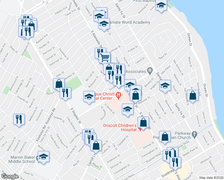 map of restaurants, bars, coffee shops, grocery stores, and more near 531 Gordon Street in Corpus Christi