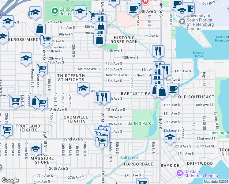map of restaurants, bars, coffee shops, grocery stores, and more near 850 16th Avenue South in St. Petersburg