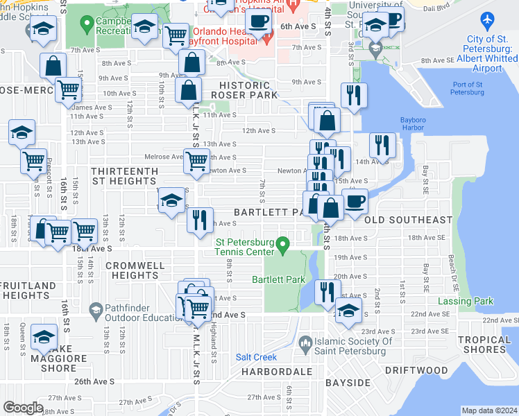 map of restaurants, bars, coffee shops, grocery stores, and more near 1621 7th Street South in St. Petersburg
