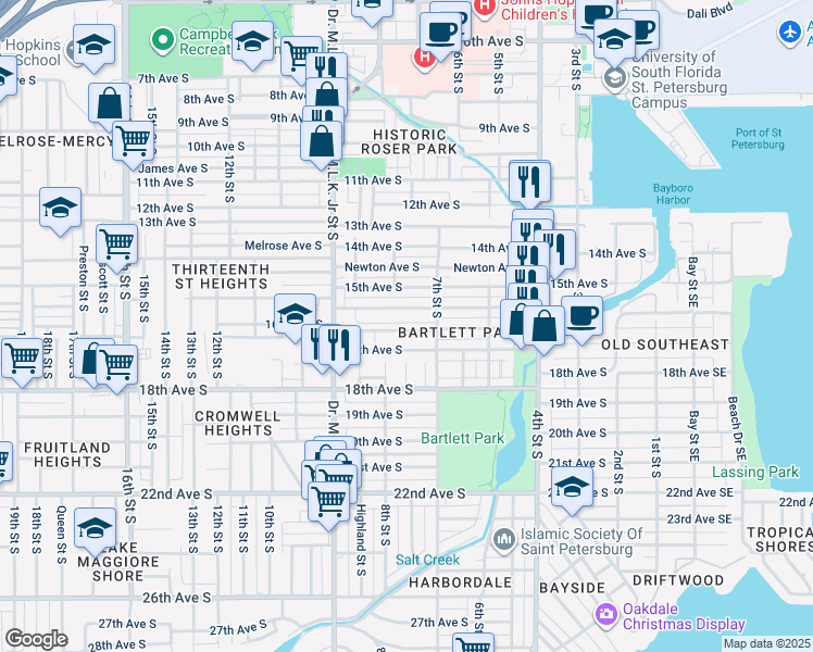 map of restaurants, bars, coffee shops, grocery stores, and more near 779 Paris Avenue South in St. Petersburg