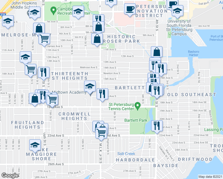 map of restaurants, bars, coffee shops, grocery stores, and more near 850 16th Avenue South in St. Petersburg
