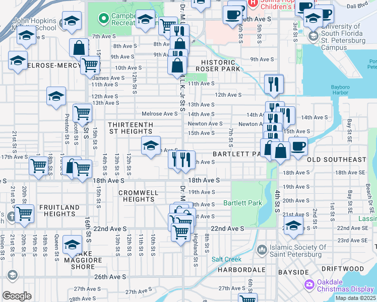 map of restaurants, bars, coffee shops, grocery stores, and more near 850 16th Avenue South in St. Petersburg