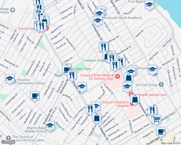 map of restaurants, bars, coffee shops, grocery stores, and more near 641 Robinson Street in Corpus Christi