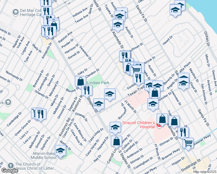 map of restaurants, bars, coffee shops, grocery stores, and more near 641 Robinson Street in Corpus Christi