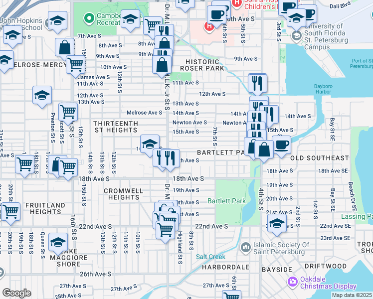 map of restaurants, bars, coffee shops, grocery stores, and more near 850 16th Avenue South in St. Petersburg