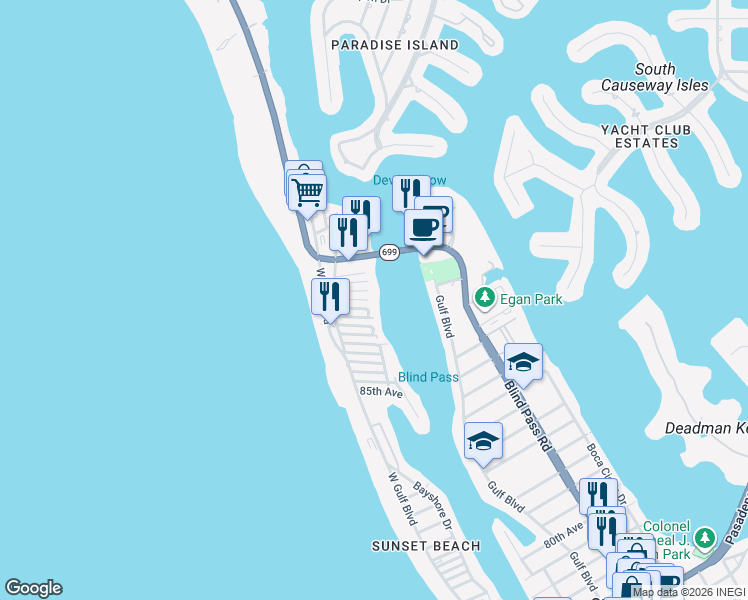 map of restaurants, bars, coffee shops, grocery stores, and more near 135 92nd Avenue in Treasure Island