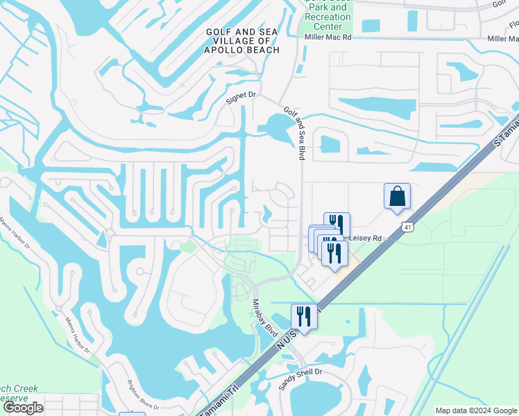 map of restaurants, bars, coffee shops, grocery stores, and more near 5615 Golden Isles Drive in Apollo Beach