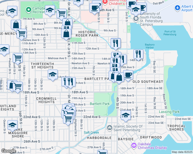 map of restaurants, bars, coffee shops, grocery stores, and more near 681 Paris Avenue South in Saint Petersburg