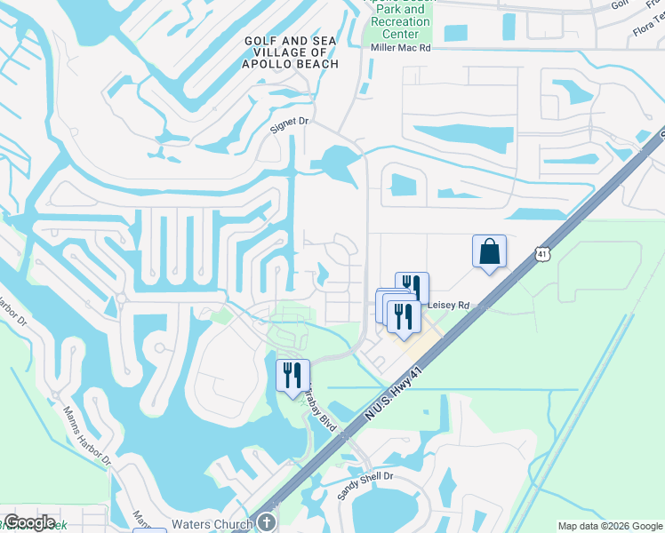 map of restaurants, bars, coffee shops, grocery stores, and more near 222 Breakers Lane in Apollo Beach