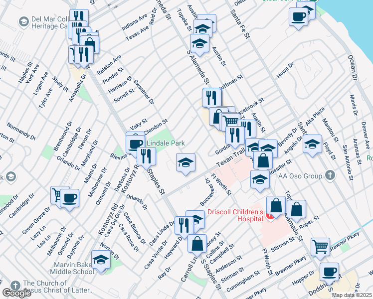 map of restaurants, bars, coffee shops, grocery stores, and more near 641 Robinson Street in Corpus Christi