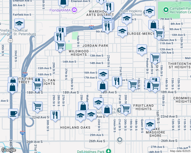 map of restaurants, bars, coffee shops, grocery stores, and more near 2401 17th Avenue South in St. Petersburg