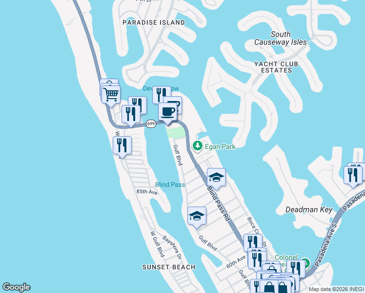 map of restaurants, bars, coffee shops, grocery stores, and more near 9178 Blind Pass Road in St. Pete Beach