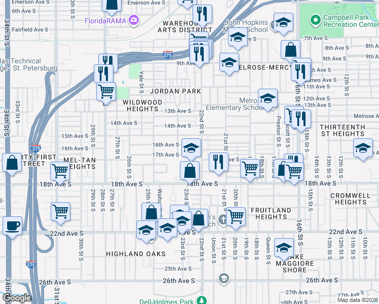 map of restaurants, bars, coffee shops, grocery stores, and more near 2221 17th Avenue South in St. Petersburg