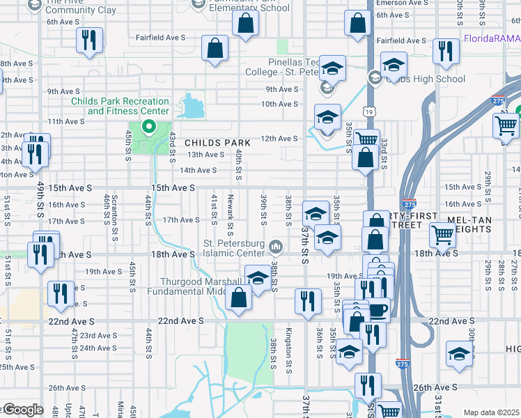 map of restaurants, bars, coffee shops, grocery stores, and more near 1608 39th Street South in St. Petersburg
