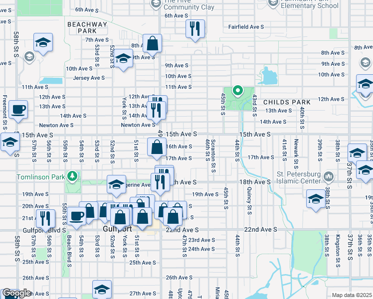 map of restaurants, bars, coffee shops, grocery stores, and more near 4708 16th Avenue South in St. Petersburg