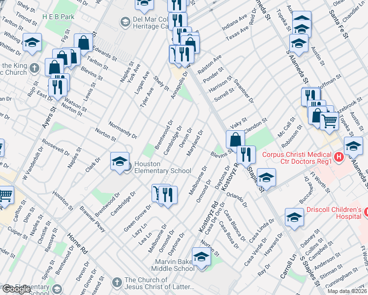 map of restaurants, bars, coffee shops, grocery stores, and more near 1310 Devon Drive in Corpus Christi