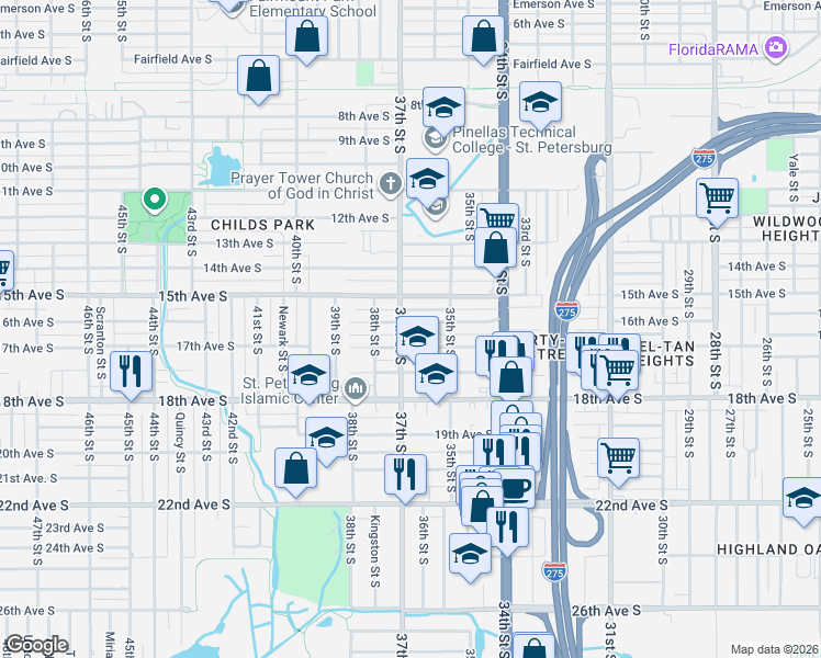 map of restaurants, bars, coffee shops, grocery stores, and more near 3638 16th Avenue South in St. Petersburg