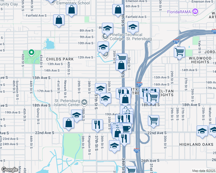 map of restaurants, bars, coffee shops, grocery stores, and more near 3500 16th Avenue South in Saint Petersburg
