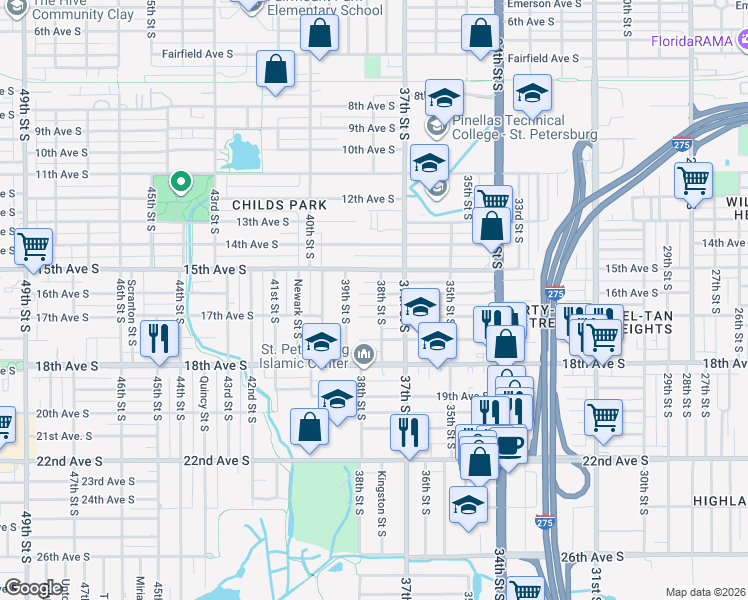 map of restaurants, bars, coffee shops, grocery stores, and more near 3800 16th Avenue South in St. Petersburg