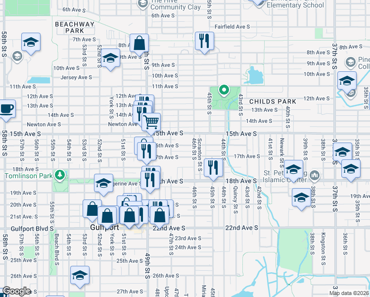 map of restaurants, bars, coffee shops, grocery stores, and more near 4636 16th Avenue South in St. Petersburg