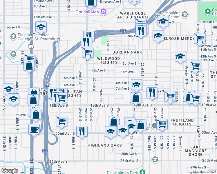 map of restaurants, bars, coffee shops, grocery stores, and more near 2545 17th Avenue South in St. Petersburg