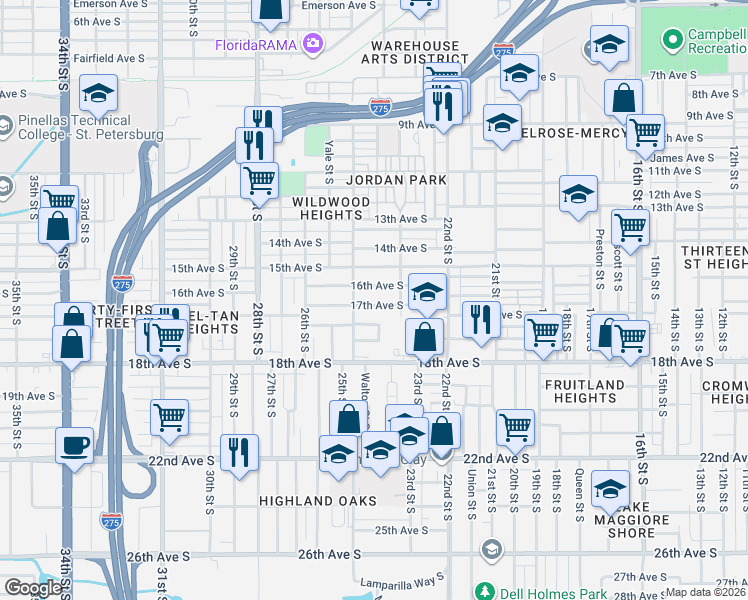 map of restaurants, bars, coffee shops, grocery stores, and more near 2459 17th Avenue South in St. Petersburg