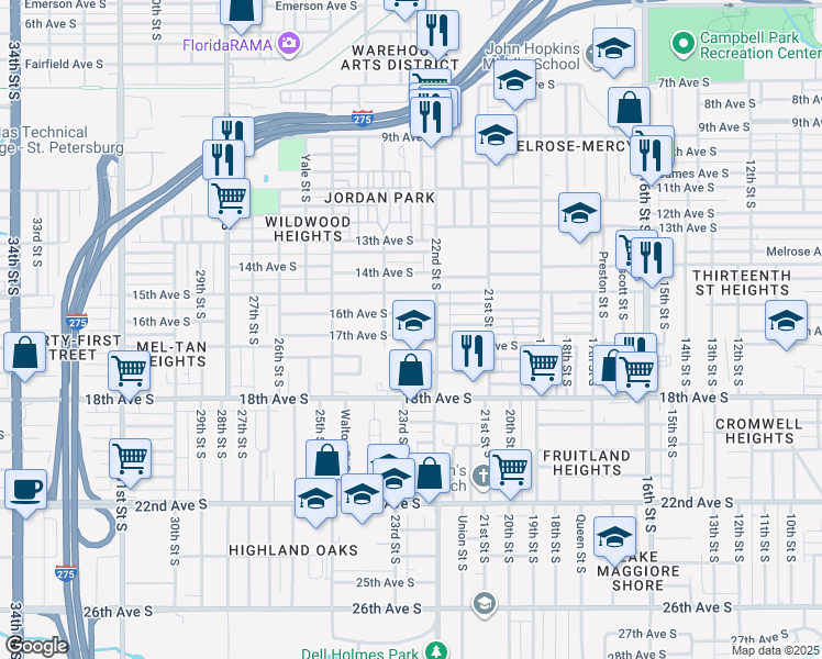 map of restaurants, bars, coffee shops, grocery stores, and more near 2221 17th Avenue South in St. Petersburg