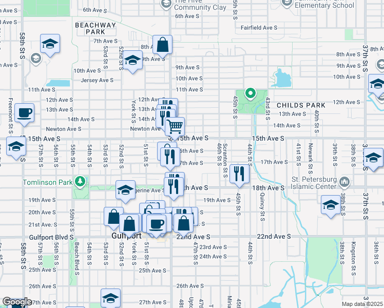 map of restaurants, bars, coffee shops, grocery stores, and more near 4708 16th Avenue South in St. Petersburg