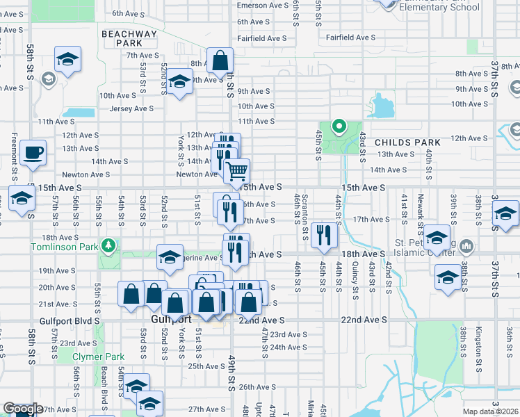 map of restaurants, bars, coffee shops, grocery stores, and more near 4708 16th Avenue South in St. Petersburg