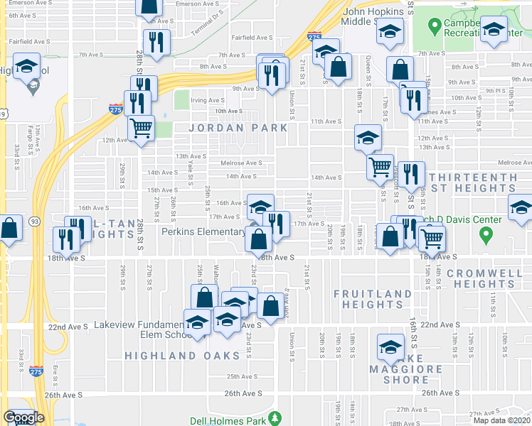 map of restaurants, bars, coffee shops, grocery stores, and more near 2221 17th Avenue South in St. Petersburg
