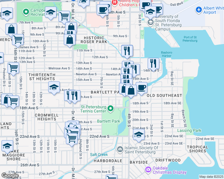 map of restaurants, bars, coffee shops, grocery stores, and more near 629 Paris Avenue South in St. Petersburg