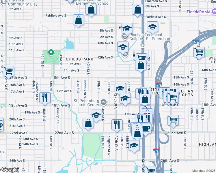 map of restaurants, bars, coffee shops, grocery stores, and more near 3800 16th Avenue South in St. Petersburg