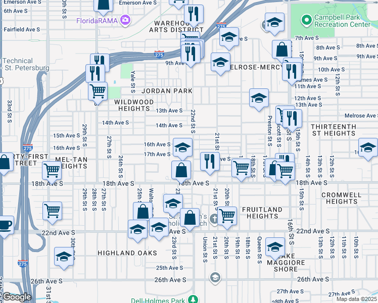 map of restaurants, bars, coffee shops, grocery stores, and more near 2201 17th Avenue South in St. Petersburg