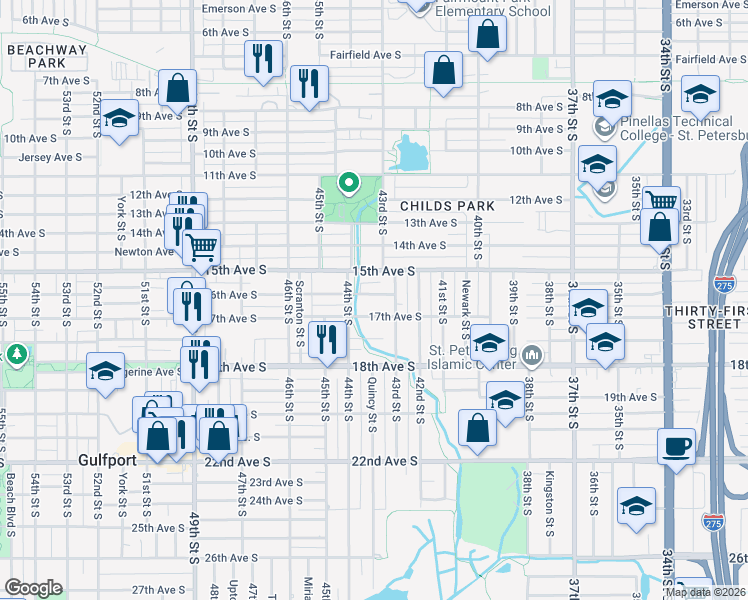 map of restaurants, bars, coffee shops, grocery stores, and more near 4338 16th Ave S in St Petersburg