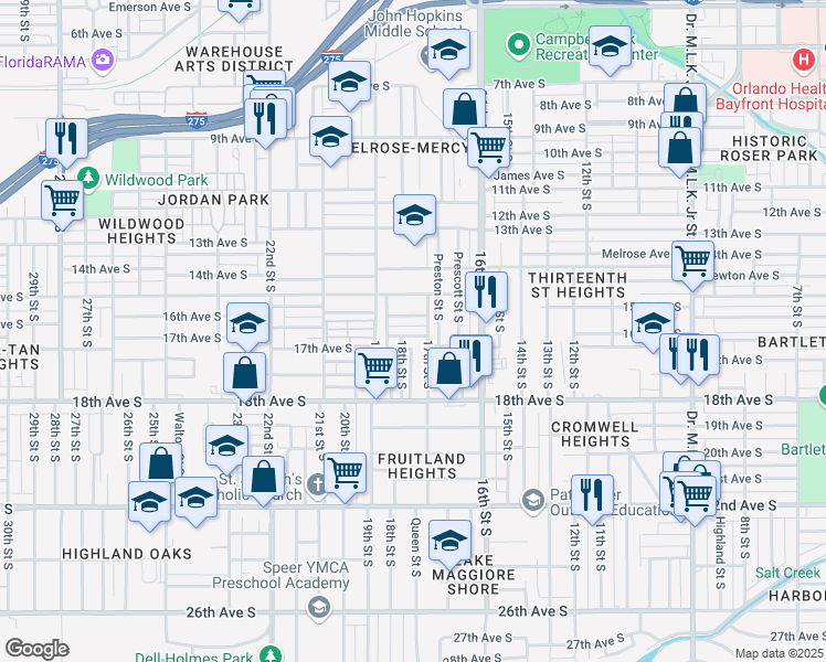 map of restaurants, bars, coffee shops, grocery stores, and more near 1725 Patton Avenue South in St. Petersburg