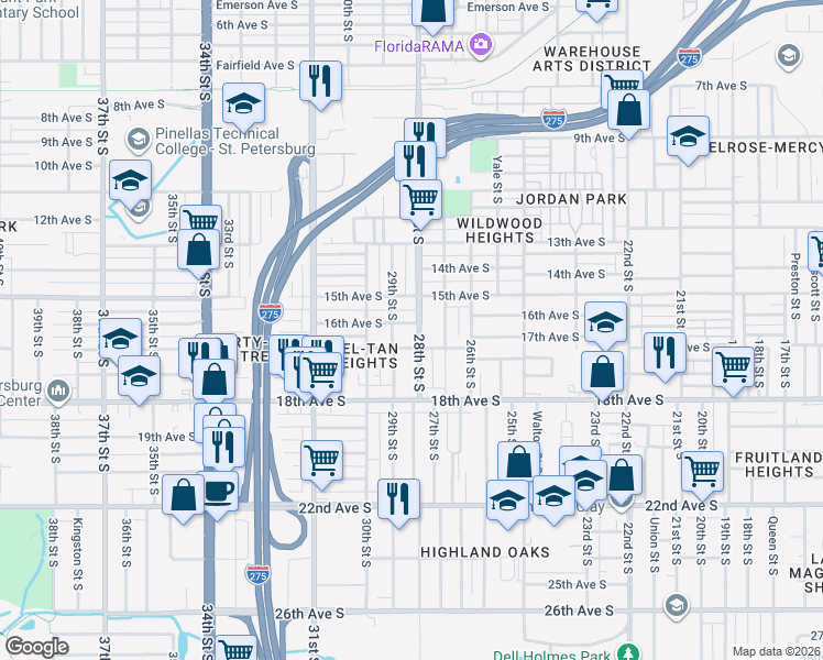 map of restaurants, bars, coffee shops, grocery stores, and more near 1610 28th Street South in St. Petersburg