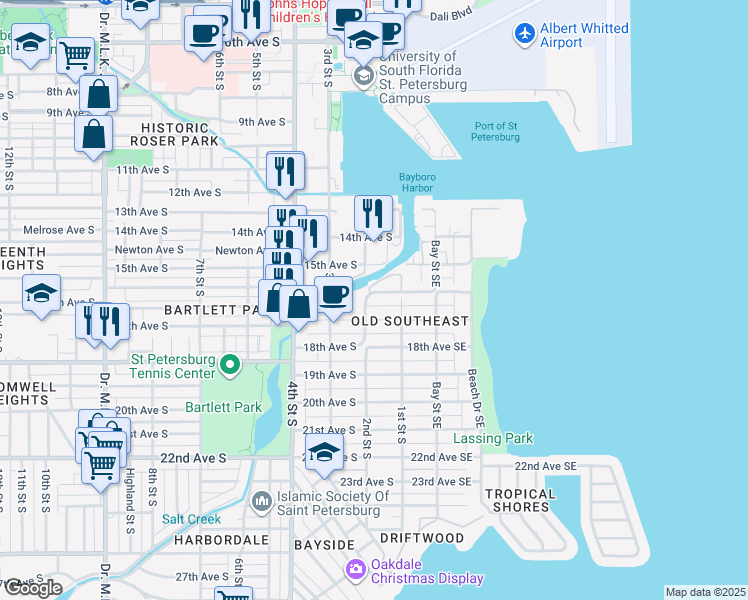 map of restaurants, bars, coffee shops, grocery stores, and more near 150 16th Avenue South in St. Petersburg