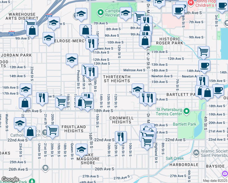 map of restaurants, bars, coffee shops, grocery stores, and more near 1601 12th Street South in Saint Petersburg