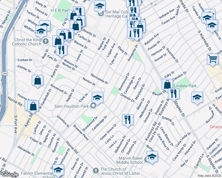 map of restaurants, bars, coffee shops, grocery stores, and more near 1401 Annapolis Drive in Corpus Christi