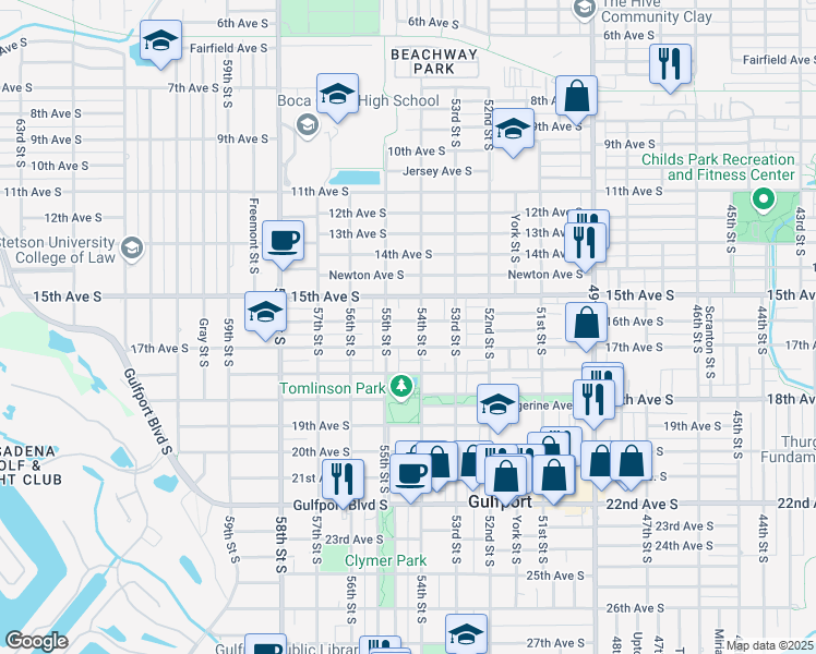 map of restaurants, bars, coffee shops, grocery stores, and more near 5410 16th Avenue South in Gulfport