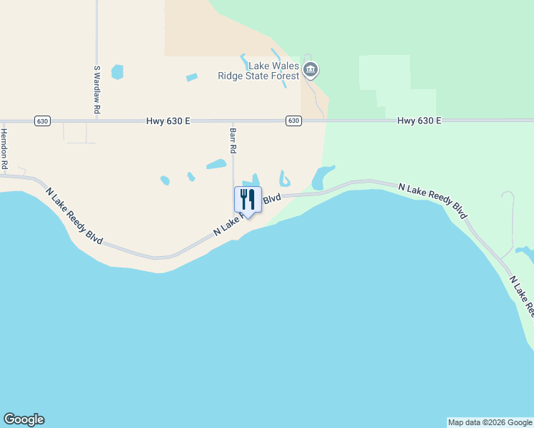 map of restaurants, bars, coffee shops, grocery stores, and more near 1894 North Lake Reedy Boulevard in Frostproof