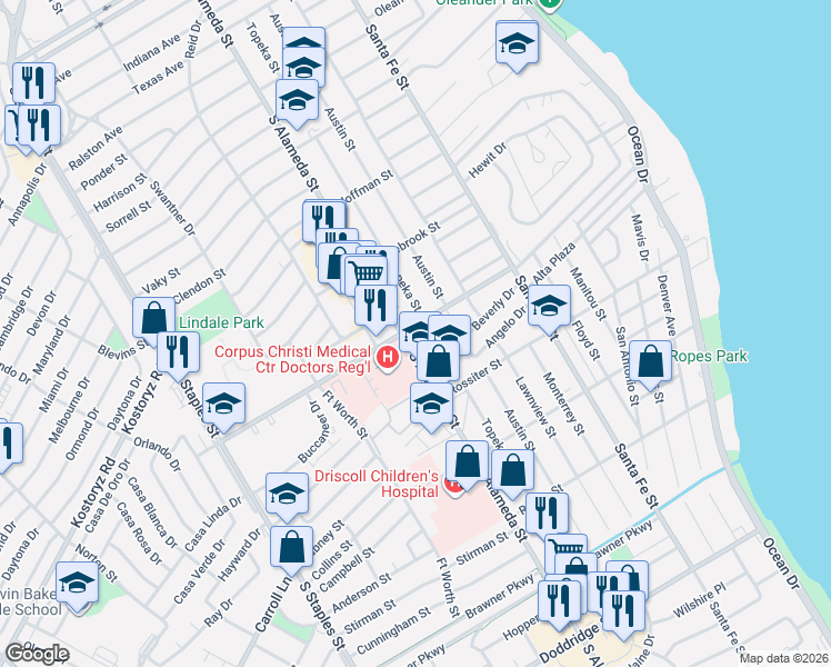 map of restaurants, bars, coffee shops, grocery stores, and more near 3302 South Alameda Street in Corpus Christi